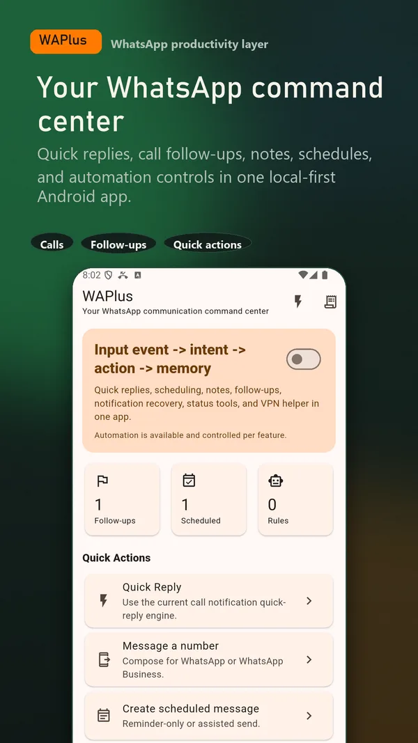 WAPlus Ultra Android app command center with its messaging productivity tools