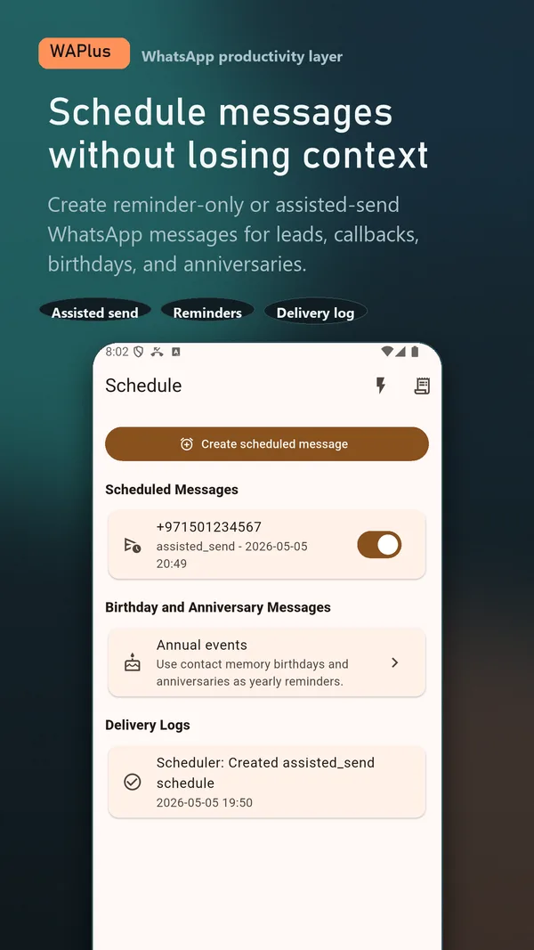 WAPlus Ultra scheduled messages screen on Android