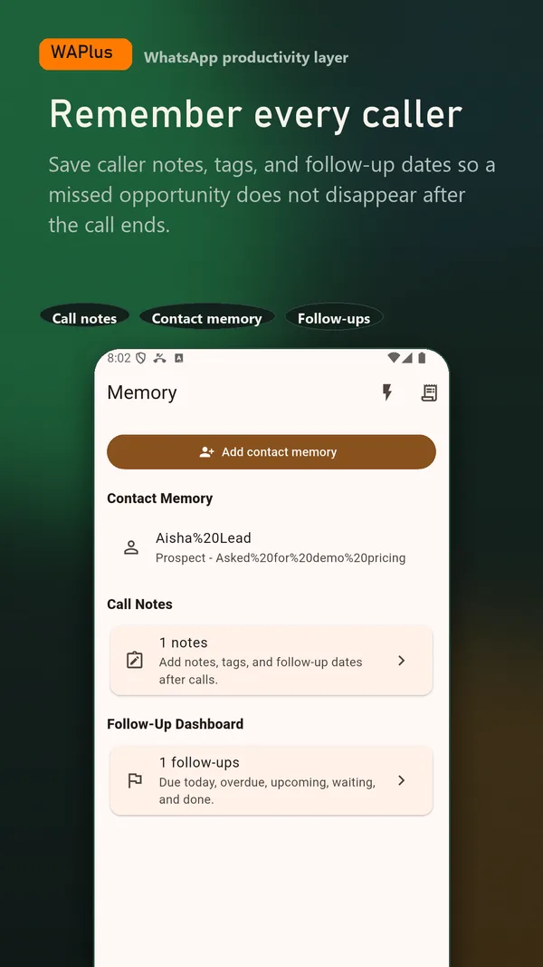 WAPlus Ultra contact memory and notes screen on Android