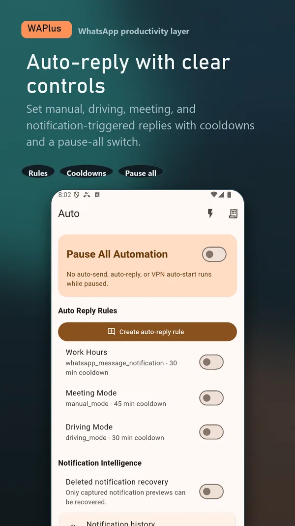 WAPlus Ultra notification controls screen on Android
