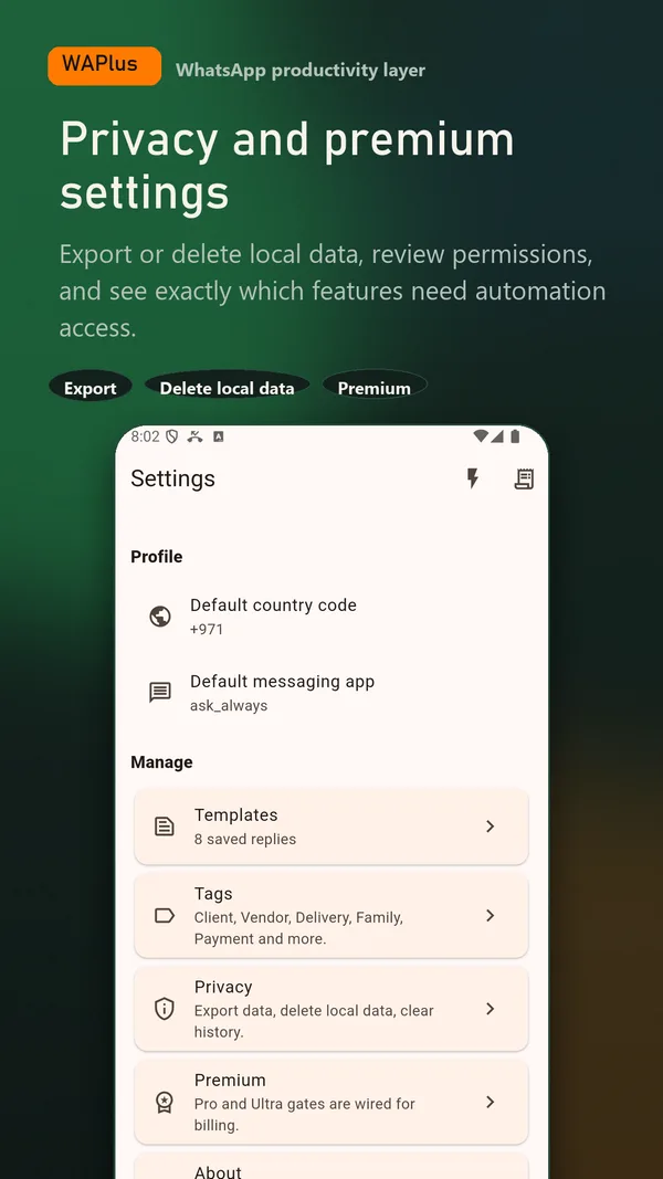 WAPlus Ultra templates and settings screen